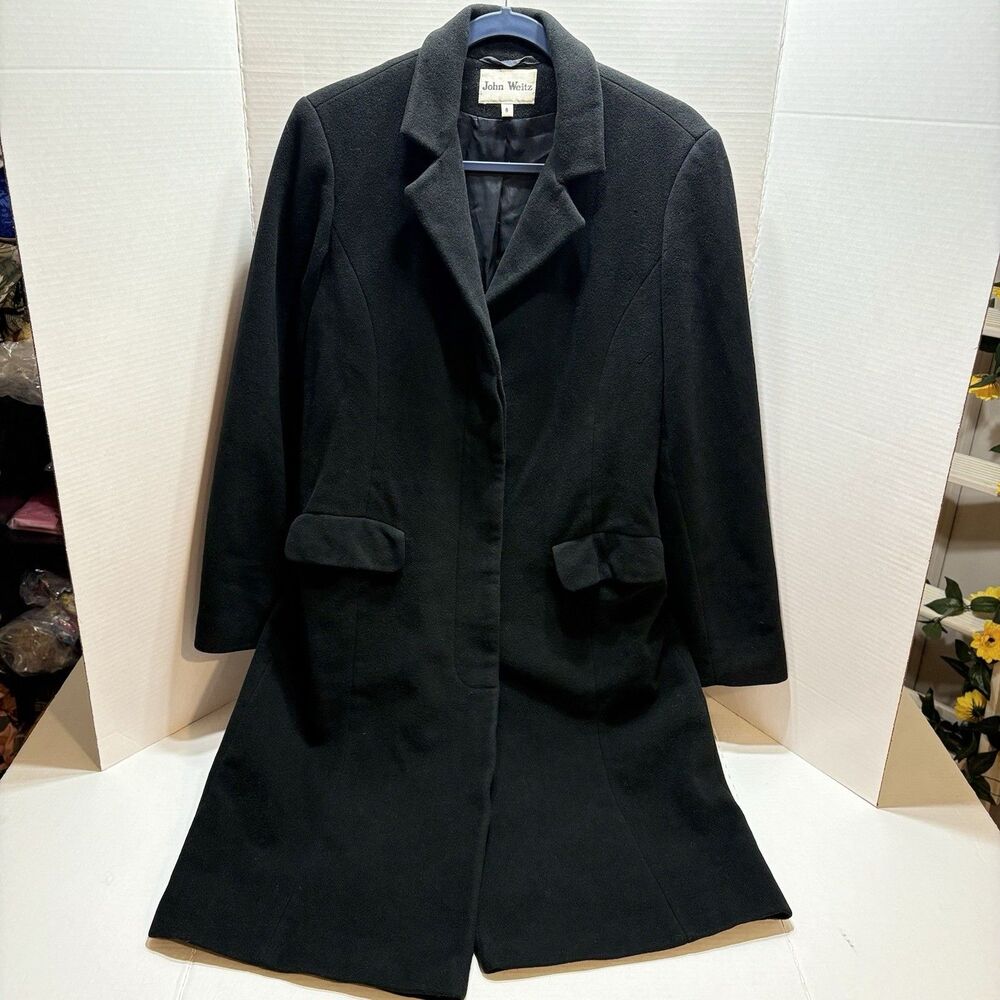 John Weitz Vintage Wool Cashmere Blend Coat Black Mid Length Trench Overcoat 8